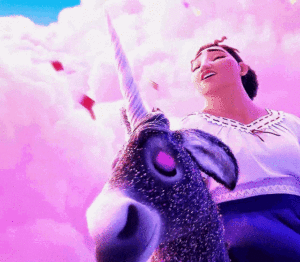 Character from Encanto riding a unicorn